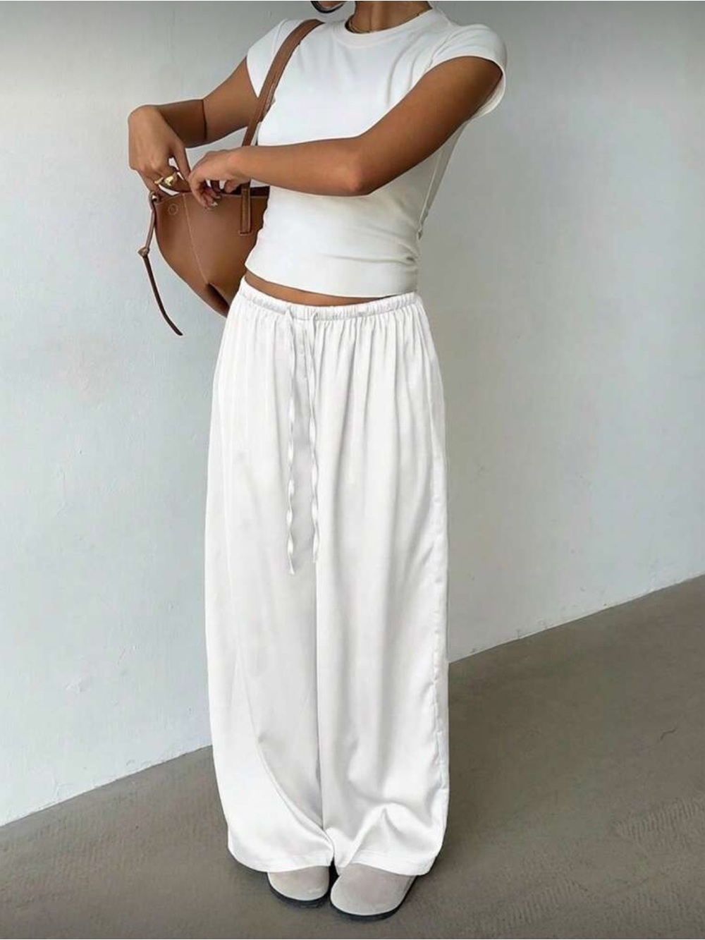 Shein White Satin Wide Leg Palazzo Pants, Size M, Tie-Front Elastic Waist